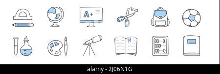 Set Schule Doodle Icons Winkelmesser, Bleistift, Globus, hervorragende Testergebnisse auf pc. Scheren, Rucksack, Fußball- und Chemiebecher, Farben, Teleskop, Lehrbuch, Abacus Line Art Vektorgrafik Stock Vektor