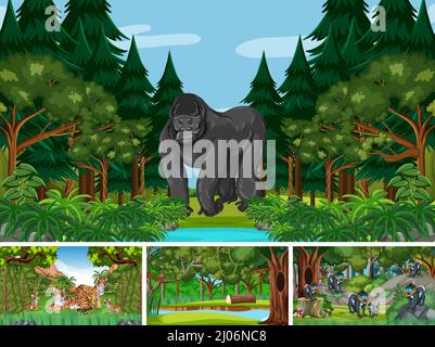 Szenen mit wilden Tieren im Wald Illustration Stock Vektor