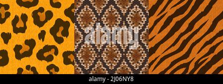 Texturen aus Leoparden-, Tiger- und Schlangenhaut. Nahtlose Muster mit afrikanischem Tierleder für Textildruck oder Game Design. Vektor Hintergrund Satz von Reptil und Wildkatzen Haut Stock Vektor