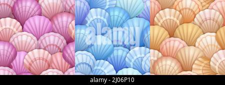 Seashell nahtlose Muster. Abstrakter Strandhintergrund mit Muschelschalen. Vektor-Cartoon-Textur mit blauen, rosa und braunen Jakobsmuscheln, tropischen Muscheln gesetzt Stock Vektor