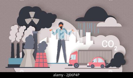 CO2 Emissionen. Mann, der durch Filtermaske atmet, um die gesundheitlichen Auswirkungen von giftigen chemischen Dämpfen aus der Fabrik und dem Transport zu reduzieren, Smog Flat Vector Illustration. Konzept der CO2-Gasverschmutzung durch Luft Stock Vektor