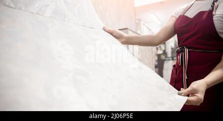 Banner Frau Berater zeigt Rolle der Tapete im Shop-Markt. Stockfoto