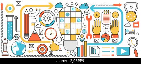 Kreative Ideen Technologie und Bildung. Tools von Talentkünstler für die Erstellung von Inhalten, Brainstorming Lösung Projekt und Forschungsprozess, Glühbirne in Infografik Konzept Banner, dünne Linie Kunst Design Stock Vektor