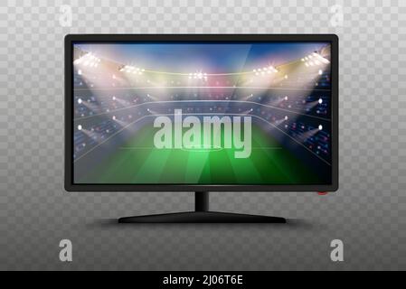 Modernes Smart-TV-Set 3D Vektor-Illustration. Isolierte realistische Symbole auf transparentem Hintergrund. LCD-Plasma-Bildschirm mit Fußballstadion. Fußballwelt Stock Vektor