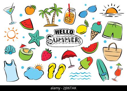 Hallo Sommer Elemente setzen Doodle auf weißem Hintergrund. Sommer handgezeichnete Symbole und Objekte. Stock Vektor