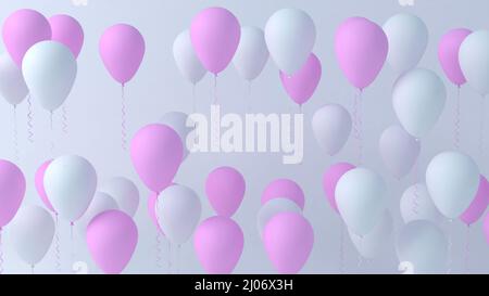 Luftballons rosa und weiß auf pastellblauem Hintergrund. 3D Rendern. Hohe Auflösung Stockfoto