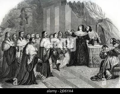 Fronde (1648-1653) : 'Le Parlement de Paris opponent a la reine Anne d'Autriche (1601-1666) demande la Liberation de Pierre Broussel (1575-1654) qu'elle et le Cardinal Mazarin ont fait arreter le 26 aout 1648' (Fronde (1648-1653): Das pariser parlament bittet Königin Anne von Österreich (1601-1666), Pierre Broussel (1575-1654) zu befreien, den sie und Kardinal Mazarin am 26. August 1648 verhaftet hatten. Gravure tiree de 'Louis XIV et son siecle' d'Alexandre Dumas 1851 Collection privee Stockfoto