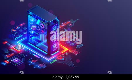 Upgrade, Reparatur von Desktop-Computern Konzept. Spielcomputer leuchten im dunklen Tisch. Leuchtende Computerteile auf der Hauptplatine im transparenten Computer Stock Vektor