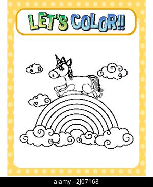 Arbeitsblätter Vorlage mit Farbdauer! Text und Einhorn-Darstellung Stock Vektor