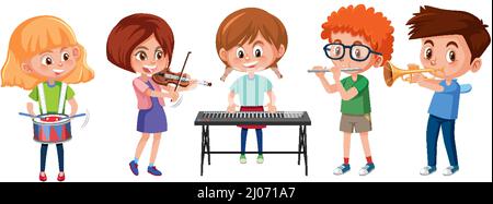 Junge und Mädchen spielen Musikinstrumente auf weißem Hintergrund Illustration Stock Vektor
