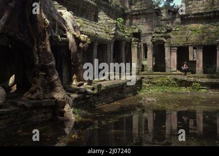 Eine Frau, die am Prasat Preah Khan (Preah Khan-Tempel) in Siem Reap, Kambodscha, an einem alten Teich entlang geht. Stockfoto