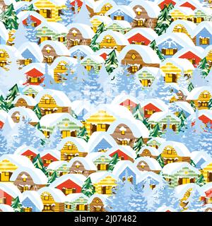 Vektor-Hintergrund mit Dorfhäusern und Bäumen für Geschenkverpackung, Design und Karten Stock Vektor