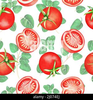Nahtloses Muster. Tomaten und Orangano. Aquarelldarstellung. Isoliert auf weißem Hintergrund. Für Ihr Design Kochbücher, Rezepte, Schürzen. Stockfoto