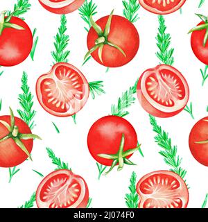 Nahtloses Muster. Tomaten und Rosmarin. Aquarelldarstellung. Isoliert auf weißem Hintergrund. Für Ihr Design Kochbücher, Schürzen. Stockfoto