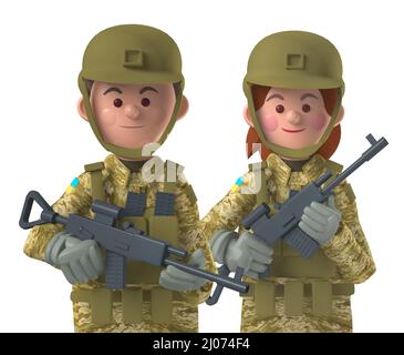 Cartoon Charakter 3D Avatar ukrainischen männlichen und weiblichen Soldaten zusammen in Kampfausrüstung auf weiß isoliert Stockfoto