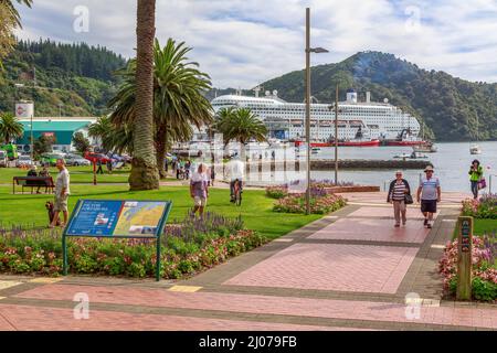 Ein Park am Wasser in Picton, einer Stadt auf der Südinsel Neuseelands. Ein Kreuzschiff befindet sich im Hafen Stockfoto