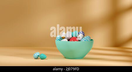 Stapel farbiger ostereier auf einer Schüssel.3D Render Stockfoto
