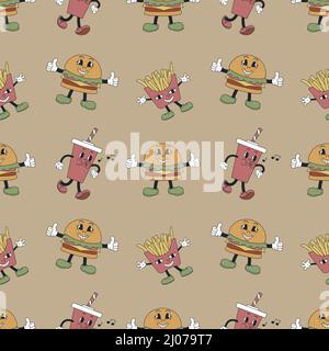 Nahtloses Muster mit Pommes Frites, Burgern und Soda. Maskottchen-Figuren im Retro-Stil. Float-Vektorgrafik für T-Shirt-Drucke, Poster und andere Verwendungen. Stock Vektor