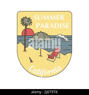 Ein handgezeichnetes Abzeichen mit Strand, Meer und Chaiselongue. Surfkonzept, Inschrift. Für T-Shirt-Drucke, Poster und andere Zwecke. Stock Vektor