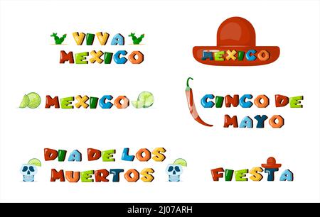 Traditionelle mexikanische Logos. vektor-Cartoon-Illustration Typoskript. Mexikanische Straße, Restaurant und hausgemachte Speisen und Getränke Ikonen für ethnische Speisekarte Stock Vektor