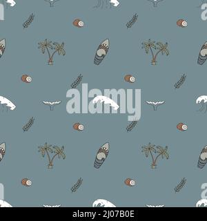 Handgezeichnetes Vektor-Nahtloses Muster. Surfbretter, Wellen, Palmen und Kokosnüsse. Stock Vektor