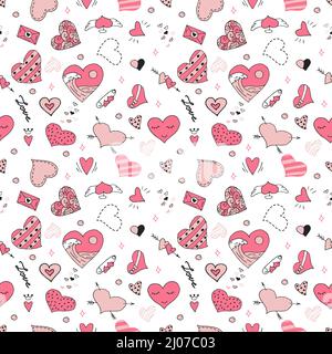 Handgezeichnete Herzen in verschiedenen Formen, nahtloses Muster. Flache Vektorgrafik. Valentinstag Stock Vektor