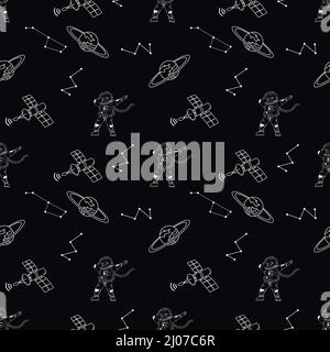 Handgezeichnete Astronauten und Weltraumelemente nahtloses Muster. Vektorgrafiken für T-Shirt-Drucke, Poster und andere Verwendungszwecke. Stock Vektor