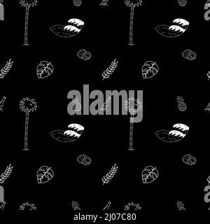 Handgezeichnetes Vektor-Nahtloses Muster. Wellen, Palmen, Ananas, Blätter und Kokosnüsse. Stock Vektor