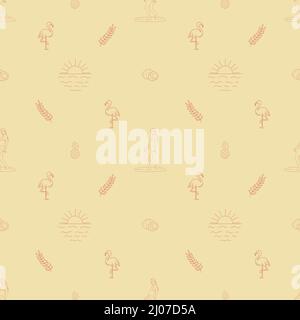 Handgezeichnetes Vektor-Nahtloses Muster. Surferin, Sonne, Kokosnüsse, Ananas, Blätter und Flamingos. Stock Vektor