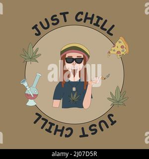 Rastafarian, Marihuanablätter, Pizza und die Inschrift EINFACH NUR CHILLEN. Flache Vektorgrafiken für T-Shirt-Drucke, Poster und andere Verwendungszwecke. Stock Vektor