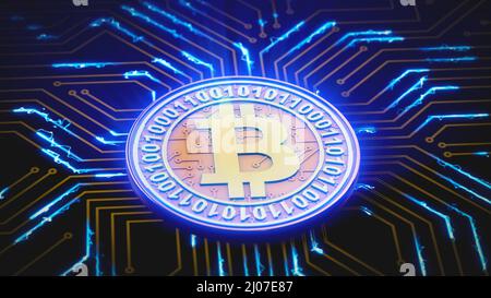 Eine goldene Bitcoin-Münze pulsiert mit blauem Licht auf einer Platine. 3D Rendern. Stockfoto