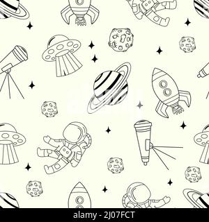 Doodle nahtloses Muster mit Raumelementen. Astronaut, Planeten, Teleskop und Raketen handgezeichnet, Umrissvektor Stock Vektor