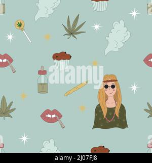 Handgezeichnetes Cannabis, nahtlose Marihuana-Elemente-Muster. Flache Vektorgrafiken für T-Shirt-Drucke, Poster und andere Verwendungen. Stock Vektor