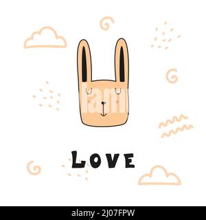 Niedliche Schnauze eines Hasen und die Inschrift LIEBE. Kawaii-Doodle-Illustration Stock Vektor