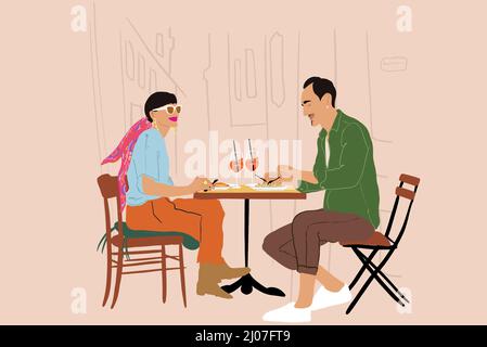 Junges, stilvolles Paar, das zu Mittag gegessen hat, während es auf der Restaurantterrasse auf der Straße der Stadt sitzt. Konzept von Freizeit, Reisen und Lifestyle. Vektorgrafik Stock Vektor