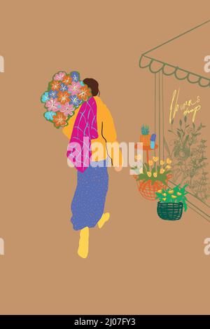 Frau trägt einen schönen Blumenstrauß und kauft Blumen im Blumengeschäft. Blumenstand mit Blumen auf der Straße. Vektorgrafik Stock Vektor