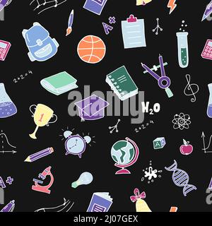 Vektor Hand gezeichnete Doodle Cartoon Satz von Schulobjekten und Symbolen. Nahtloses Muster Stock Vektor