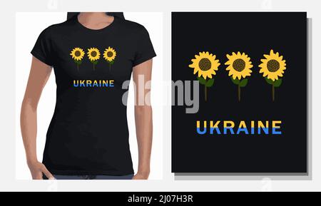 Logo für Kleidung Design.Ukrainische Blume. Sonnenblume. Aufdruck für ein T-Shirt. Unterstützung für die Ukraine. Vektor-Illustration einer Sonnenblume auf einem schwarzen Hintergrund Stock Vektor