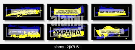 Set von Plakaten mit einer motivierenden Phrase zur Unterstützung der Ukraine. Übersetzung aus dem Ukrainischen: Betet für die Ukraine, Ruhm den Helden. Das Konzept ist nein Stock Vektor