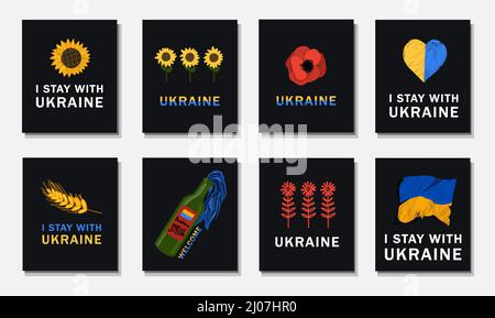 Trendprint 2022. Unterstützung für die ukraine. Set von Postkarten oder Plakaten für die Ukraine. Vektorgrafik. Das Konzept ist kein Krieg. Stock Vektor