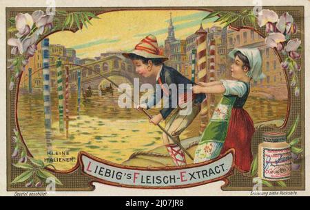 Bilderserie Kinder aus anderen Ländern, Italien, Kinder angeln in Venedig vor der Rialtobrücke / Fotoserie Kinder aus anderen Ländern, Italien, Angelkinder in Venedig vor der Rialtobrücke, Liebigbild, digitale verbesserte Reproduktion eines Sammelbildes der Firma Liebig, geschätzt von 1900, pd / digital restaurierte Reproduktion eines Sammelbildes von ca 1900, gemeinfrei Stockfoto