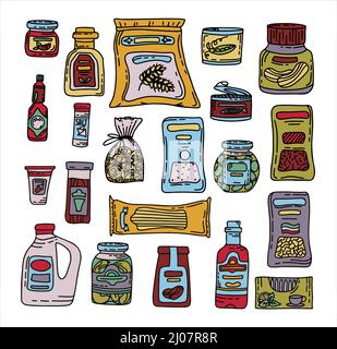 Vector Doodle Lebensmittelgeschäft Produkte. Handgezeichnete Scetch-Symbole. Essen und Trinken. Natürliche Konserven, Backwaren und Getreideprodukte Stock Vektor