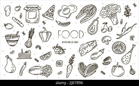 Vektorgrafik Food Doodle Icons. Handgemachtes Line Art Set. Menu Restaurant. Skizze Illustration von gesunden Lebensmitteln. Logo Symbol Design Stock Vektor