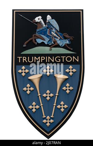 Wappen des Dorfes Trumpington in Cambridge, Großbritannien Stockfoto