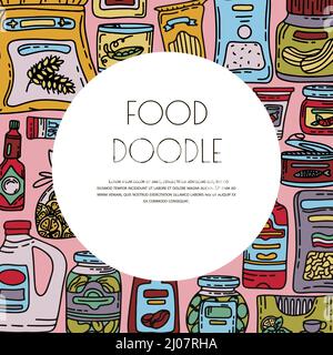 Vector Doodle Lebensmittelgeschäft Banner. Handgezeichnete Scetch-Symbole. Essen und Trinken. Natürliche Konserven, Backwaren und Getreideprodukte Stock Vektor