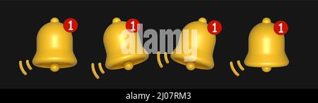 3D Alarmglockensymbole auf schwarzem Hintergrund isoliert eingestellt. Stock Vektor