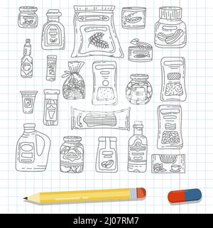 Vector Doodle Lebensmittelgeschäft Produkte. Handgezeichnete Scetch-Symbole. Essen und Trinken. Natürliche Konserven, Backwaren und Getreideprodukte Stock Vektor