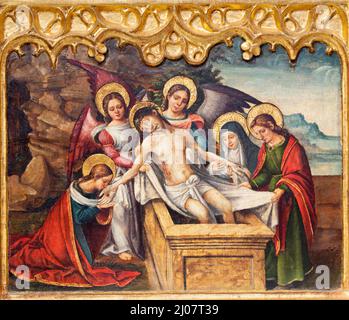 VALENCIA, SPANIEN - 14. FEBRUAR 2022: Das Gemälde der Beerdigung Jesu auf dem Seitenaltar in der Kathedrale - Basilika der Himmelfahrt unserer Lieben Frau Stockfoto