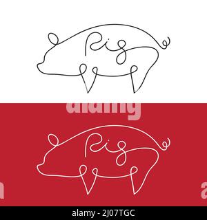 Vektor der Linie Design Silhouette von Schwein auf weißem Hintergrund und rotem Hintergrund. Nutztiere. Leicht editierbare Vektorgrafik mit Ebenen. Stock Vektor