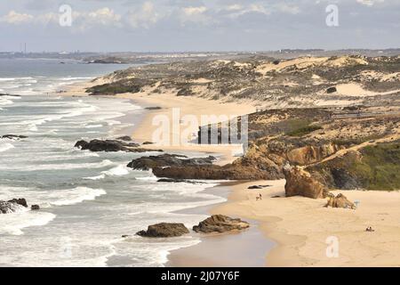 Grasbewachsene Sanddünen, der Strand Praia do Malhao, der Südwesten von Alentejo und der Naturpark Vicentine Coast im Südwesten Portugals. Stockfoto